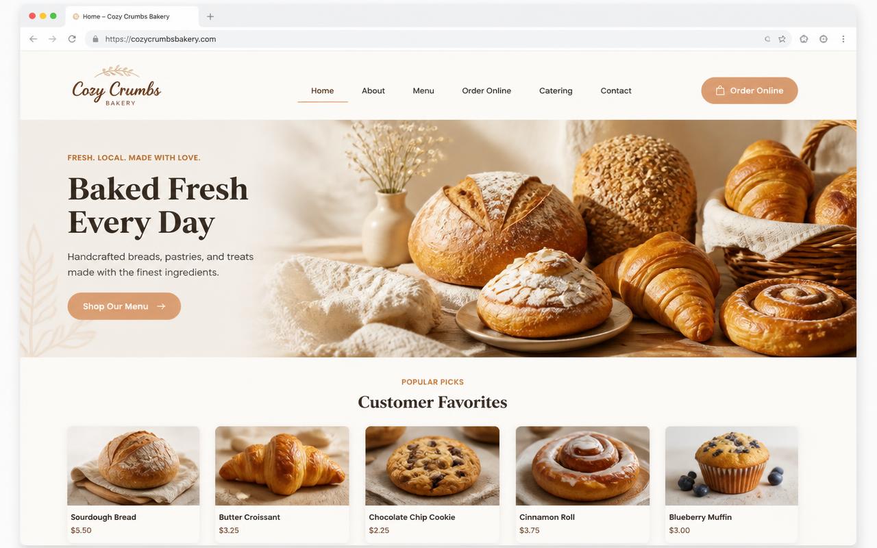 Site da Cozy Crumbs Bakery